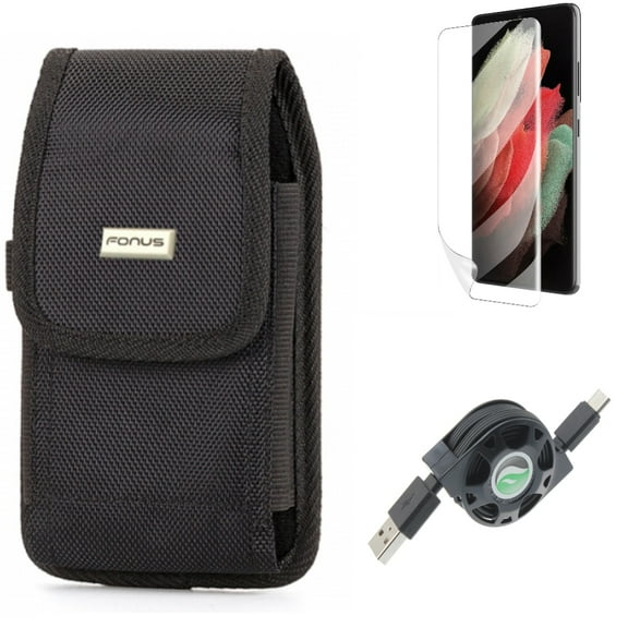 USB Cable & Case Belt Clip & Matte Screen Protector for Samsung Galaxy S22 Plus (S22 ) - Combo Retractable Type-C Charger & Swivel Holster Rugged & TPU Film Anti-Glare