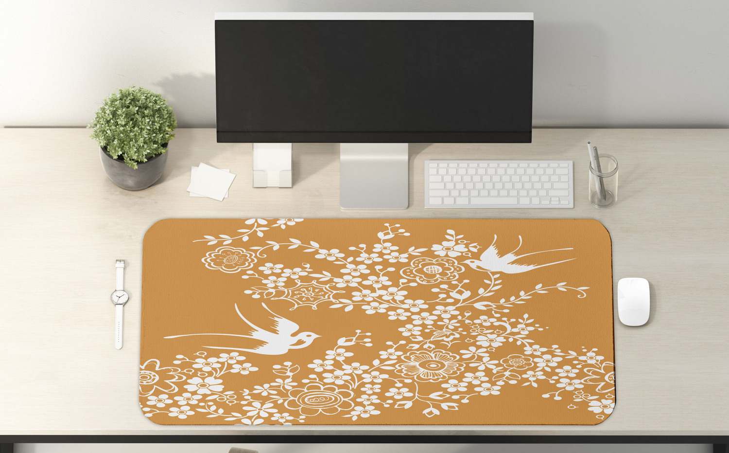 Japanese Computer Mouse Pad, Oriental Floral Japanese Style Flying Birds Pastel Colored Spring Pattern, Rectangle Non-Slip Rubber Mousepad X-Large, 35" x 15" Gaming Size, Marigold White, by Ambesonne - image 2 of 2