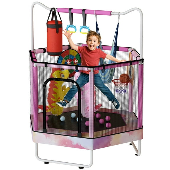 LinkRomat Hexagon Trampoline for Kids, Indoor & Outdoor Toddler Trampoline with Enclosure, Adjustable Height Handrail & Durable Designs for Boys & Girls, 450lbs Capacity, 7-in-1, 55"
