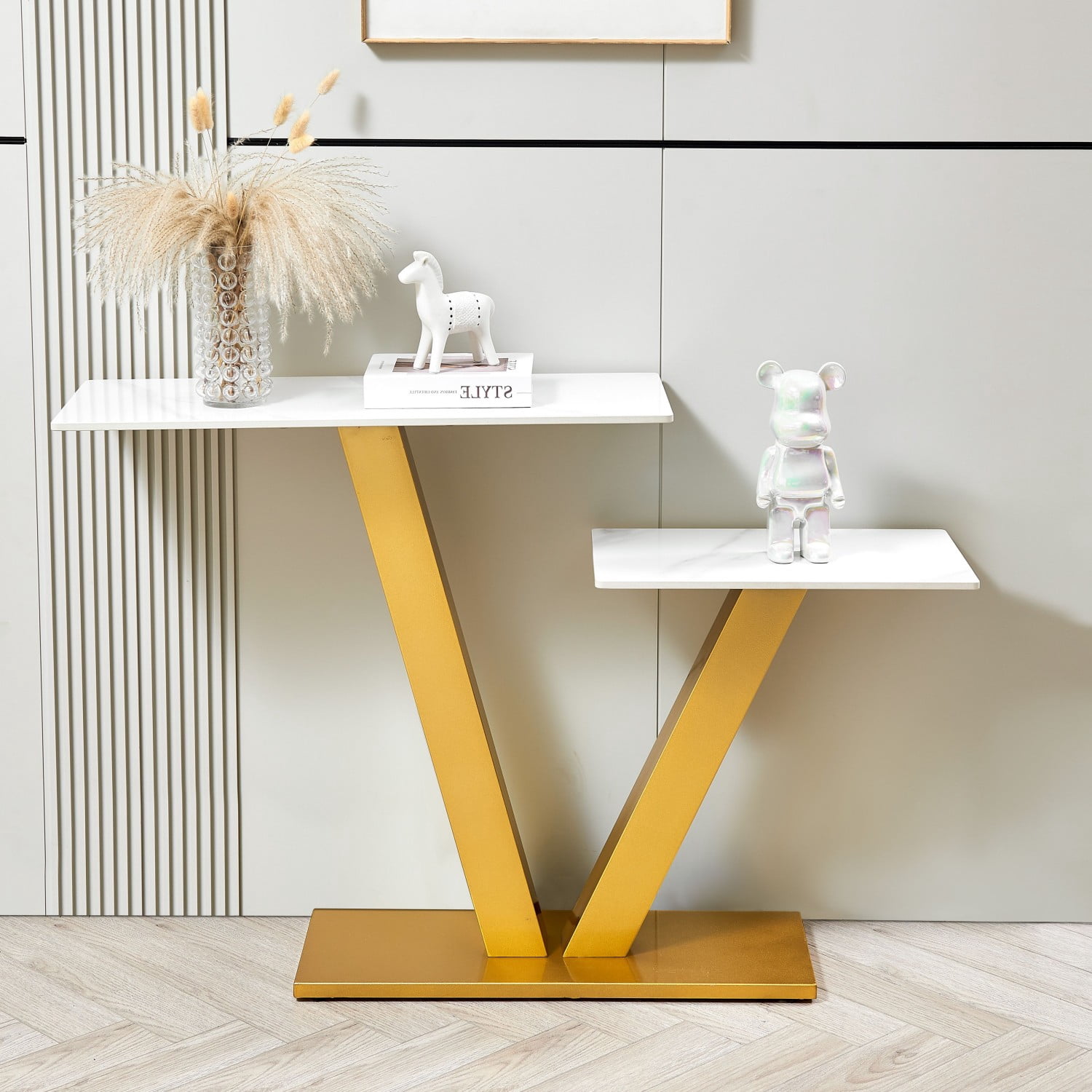 Gewnee Modern 2-Tier Console Table Entryway Sofa V-Shaped Accent Table with Metal Base And Adjustable Foot Pads for Hallway, Corridor