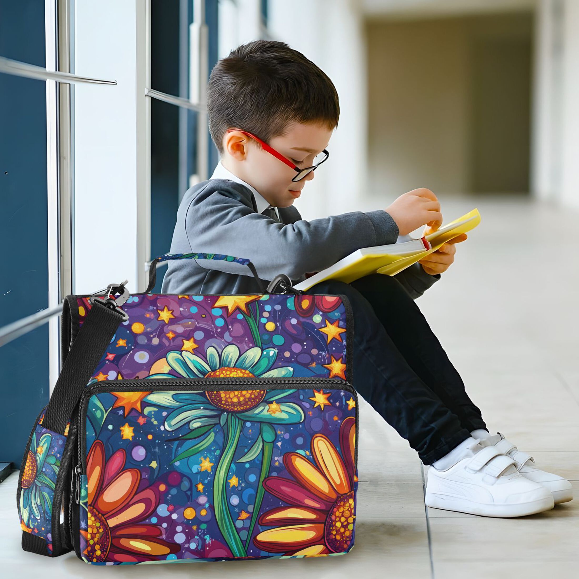 3 Ring Zipper Binder with Shoulder Strap Waterproof Trapper Keeper 2 Inch D-Ring 500 Sheets Capacity Cartoon Flower and Star