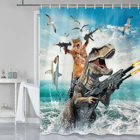Cat Dinosaur Shower Curtains for Boys, Funny Animal Riding Dino Fighting on Blue Ocean Shower Curtain Sets with Hooks, Kids Men Cool Bathroom Set Accessories Decor Beach Theme Curtains, 72X72in