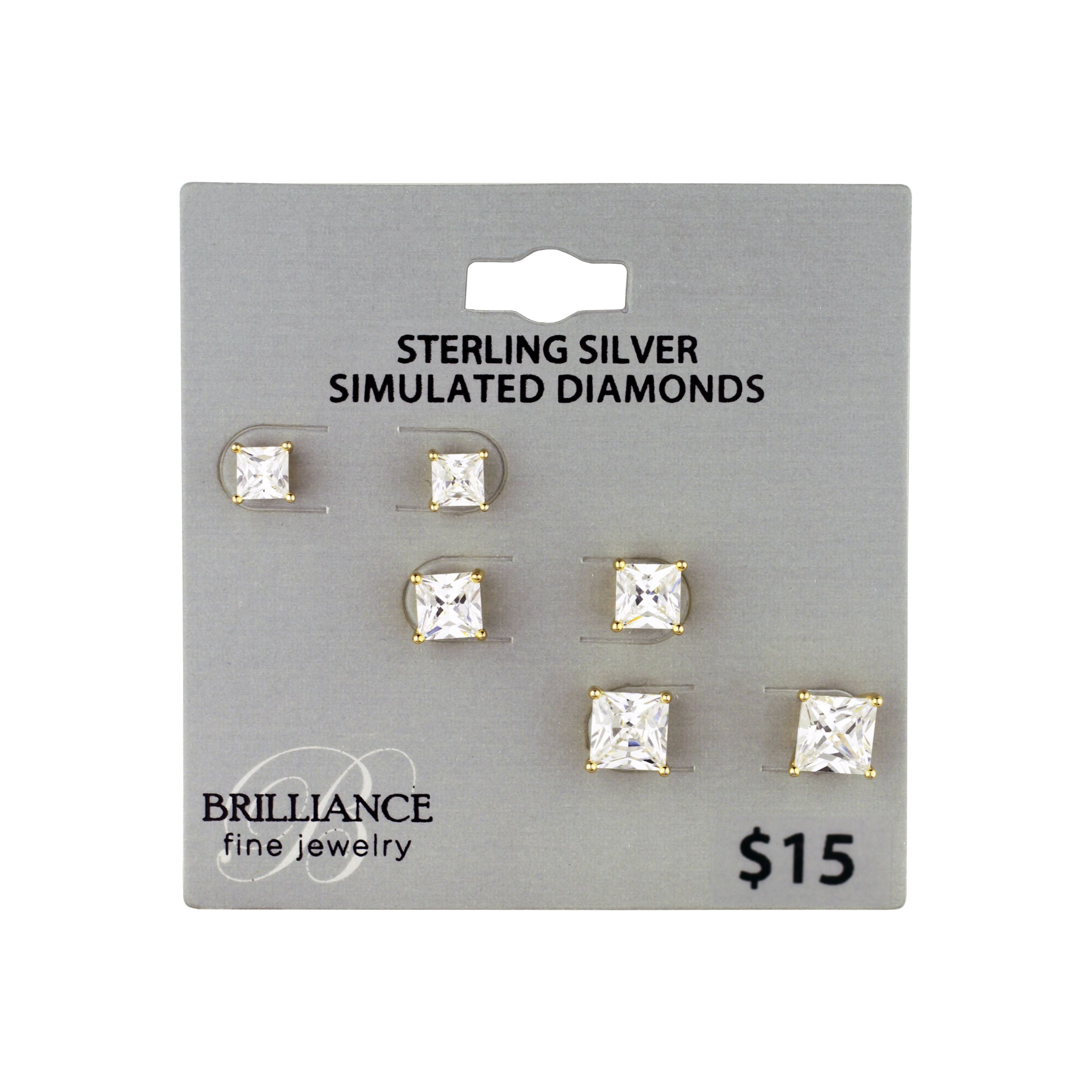 Brilliance Fine Jewelry Women's Simulated Diamond Trio Square Earring Set in Gold Flash Plated Sterling Silver
