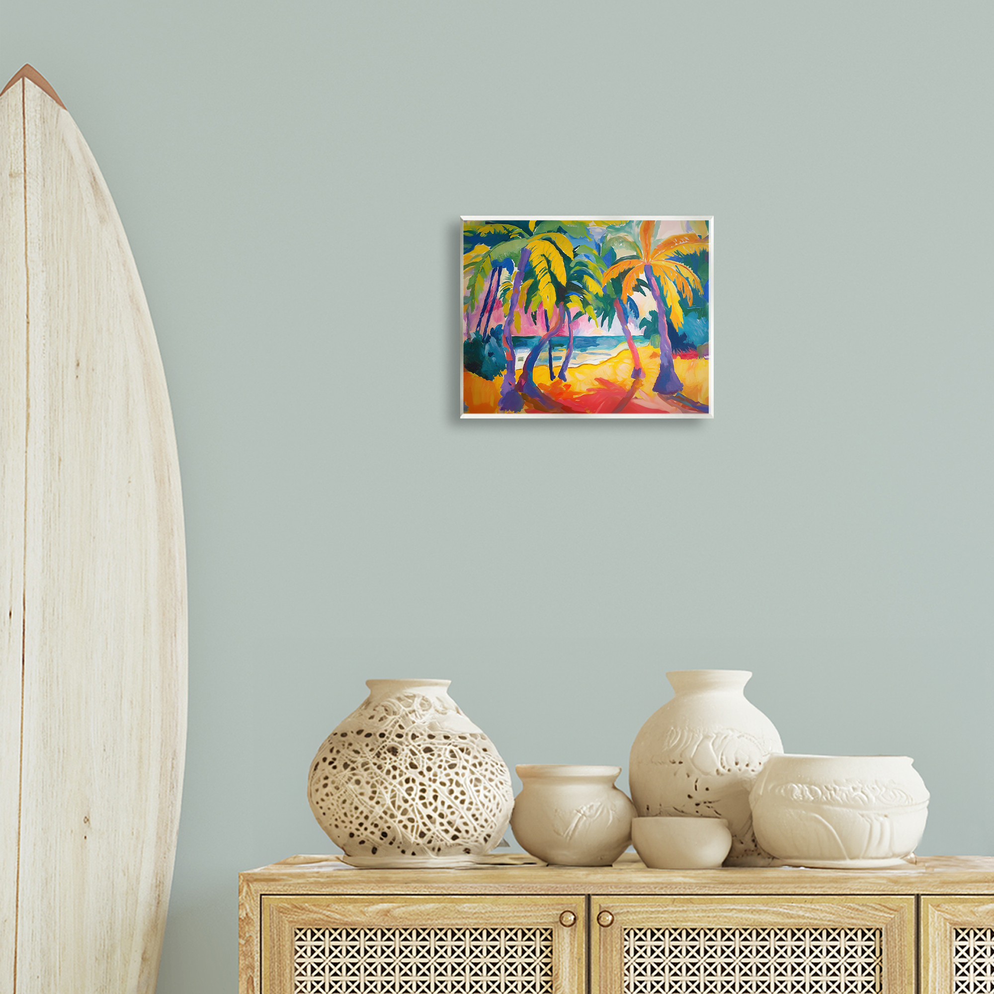 Stupell Industries Tropical Palm Paradise Coastal Painting Unframed Art Print Wall Art, 14 x 11