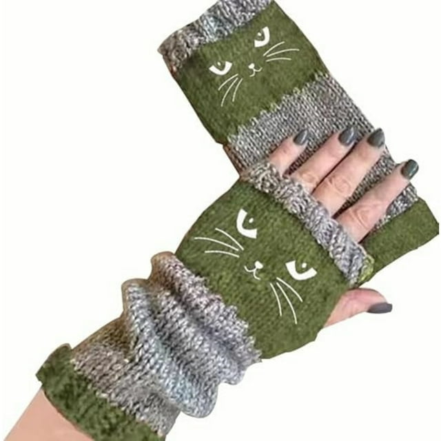 Gants Mitaines Intérieur Extérieur Mode Chaude Décontractée avec Broderie à Thème Chat et Design Tricoté 2 Pcs