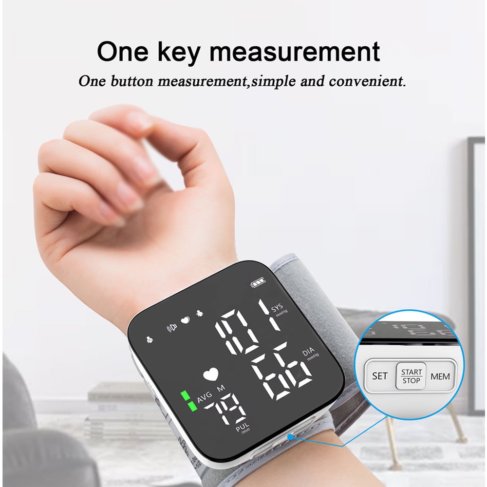 Monitor de presión arterial automático de muñeca, brazalete ajustable, monitor digital portátil de presión arterial y frecuencia cardíaca, monitor de presión arterial con pantalla LCD grande y voz, para hogar y viajes 5
