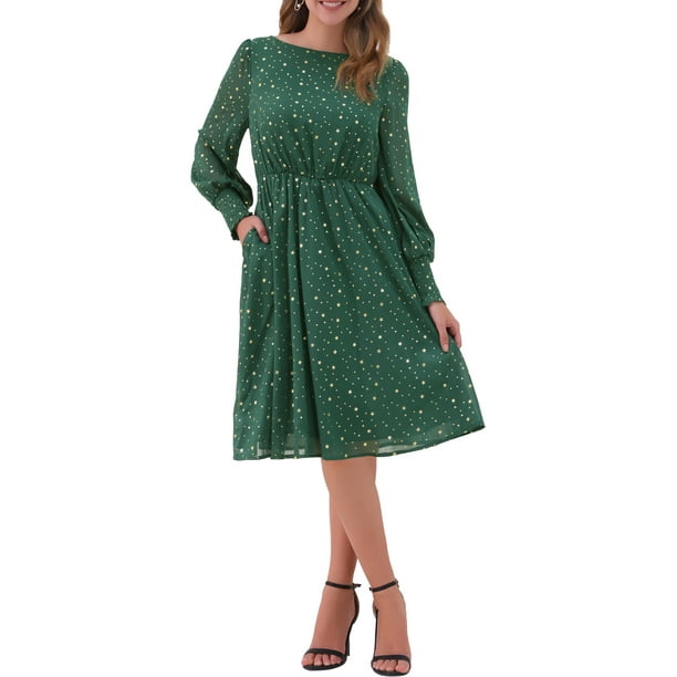 INSPIRE CHIC Vestido Casual de Malla con Estrellas Brillantes, Manga Larga Abullonada, Cintura Elástica, Cuello Barco, Talla XL, Verde