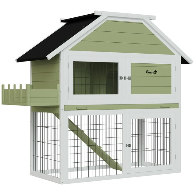 PawHut 48.5" Wooden Rabbit Hutch Pet Playpen Bunny House Enclosure with Plant Box, Slide-out Tray, Ramp, for Rabbits and Small Animals, Green