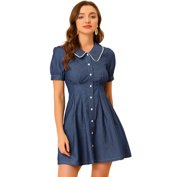 INSPIRE CHIC - Minivestido de mezclilla con mangas abullonadas y botones en la parte delantera y acampanado para mujer Azul L