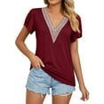 thumbnail image 1 of Camiseta de mujer con cuello en V y costuras de encaje - Manga corta, corte holgado, diseño hueco - Camiseta informal de verano, 1 of 4