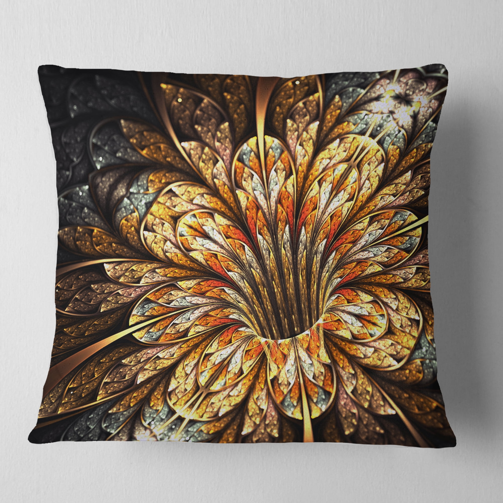 Designart Golden Shiny Fractal Flower - Floral Throw Pillow - 16x16
