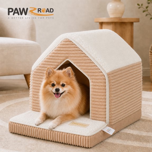 PAWZ Road Dog Cave Bed, Soft Pet Cave with Removable Cushion, Cozy Pet House for Small Dogs & Cats, Brown