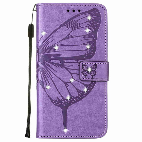 Dteck Flip Wallet Case for Google Pixel 6 Pro PU Leather Bling Diamond Buttefly Card Holder Wrist Strap Stand Phone Cover,Lightpurple