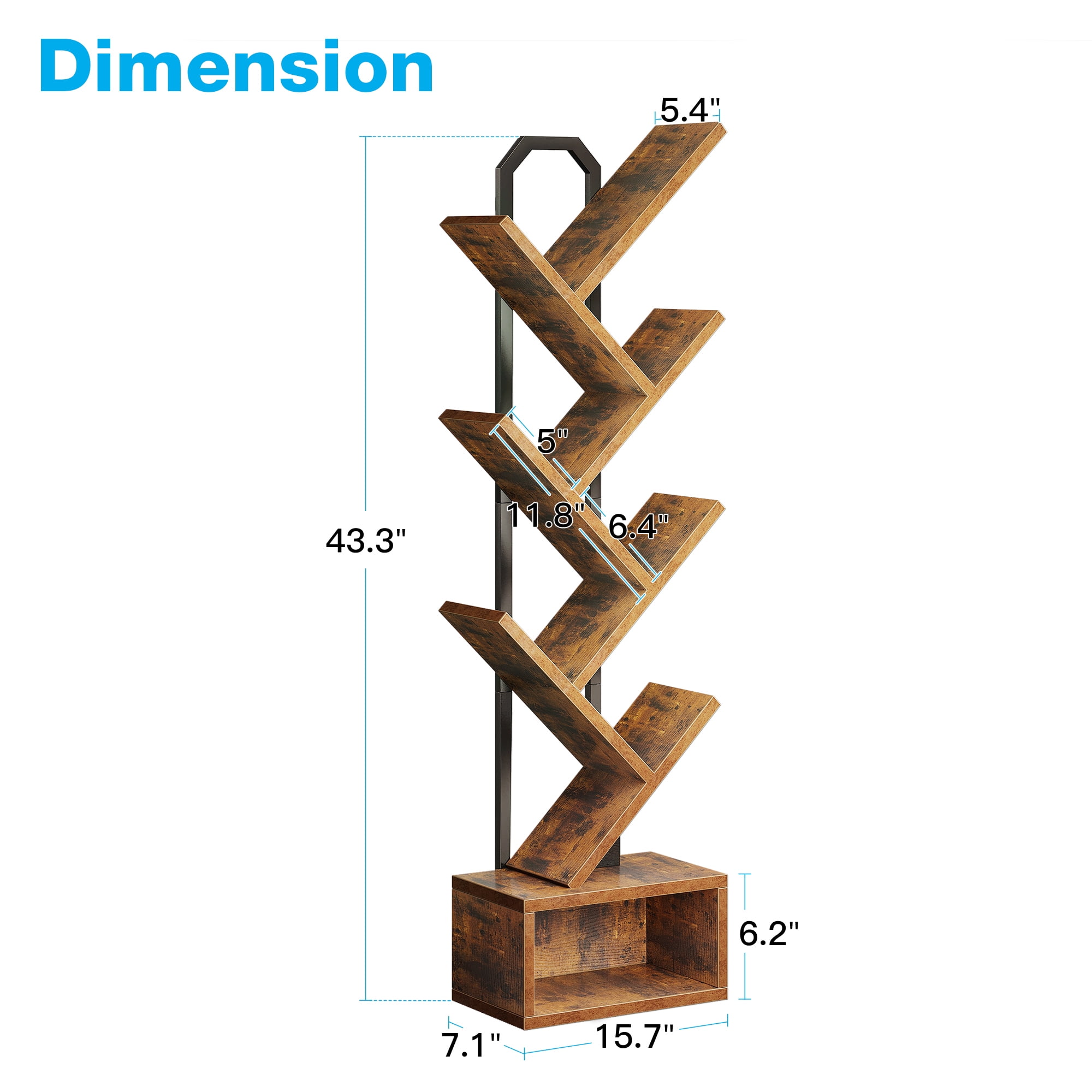 Casacomoda 6-Tier Tree Bookshelf for Corner & Small Space — Narrow Steel & Wood Bookcase, Tall Floor Standing Book Organizer Shelf with Storage Cabinet, Home Decor for Living Room, Bedroom, Vintage