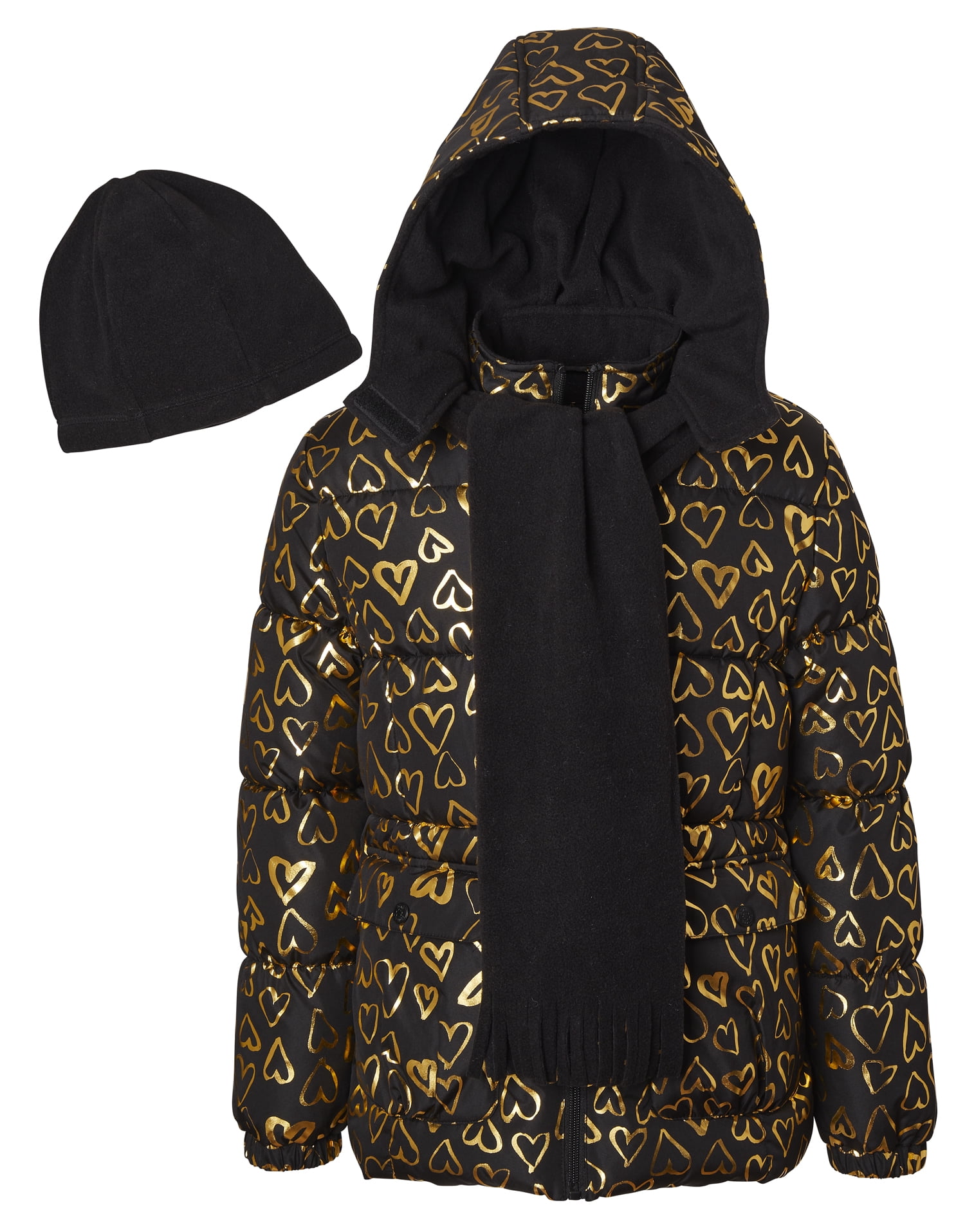 Pink Platinum Girls Hooded Foil Heart Winter Puffer Coat with Hat and Scarf, Sizes 4-16