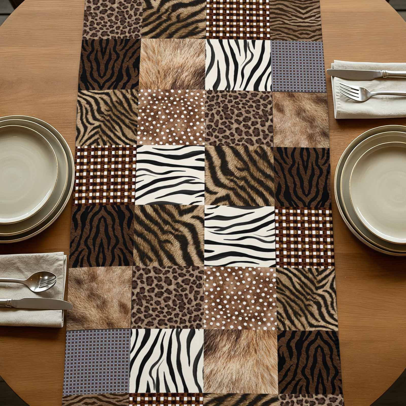 Animal Print Plaid Table Runner, Modern Geometric Leopard Print Washable Cotton Linen Table Runners 90 Inches Long, Dresser Scarf Runner for Dining/Coffee/Kitchen/Hallway Tables 13''x90''
