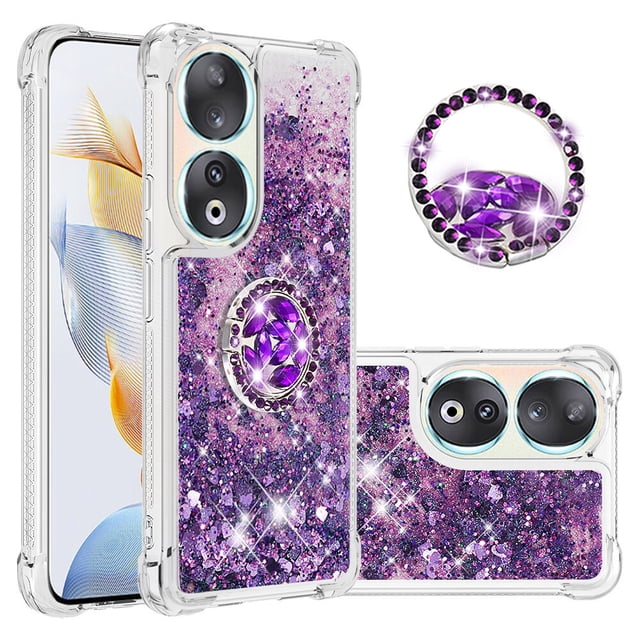 Funda para Honor 90 5G con Brillo Líquido Flotante, Purpurina, Parachoques y Anillo Giratorio Soporte