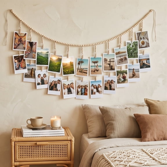 43 Inch Wall Hanging Double Tier Photo Display Rack with Beads, Boho Rustic Wooden Picture Organizer Shelf for Living Room Bedroom, Artwork Postcard Holder Decor