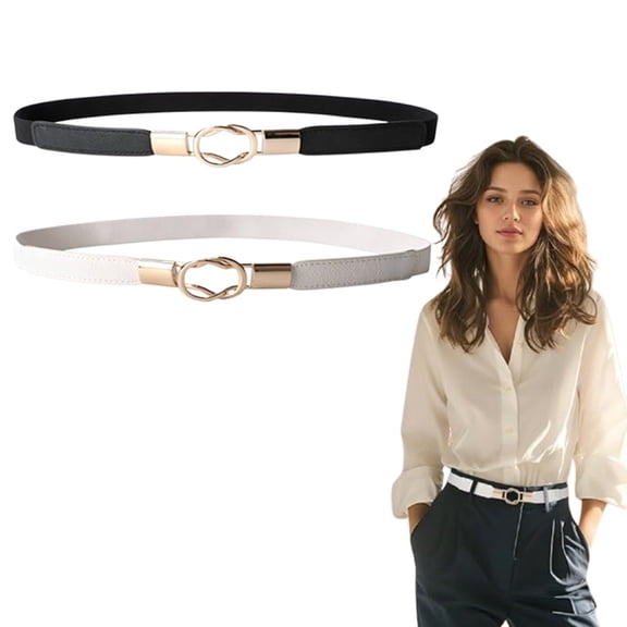 2-Pack Comfort Stretch Ladies Skinny Belt, Adjustable Gold Buckle Elastic Waist Belt for Women, All-Season Fashion Accessory