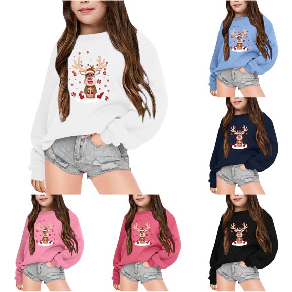 WAYUTE Girls Sweatshirt Christmas Fall Winter Theme Graphic Soft Lined Long Sleeved Crewneck Sweatshirt for Kids Casual Outdoor,White,Size 7-8 Y