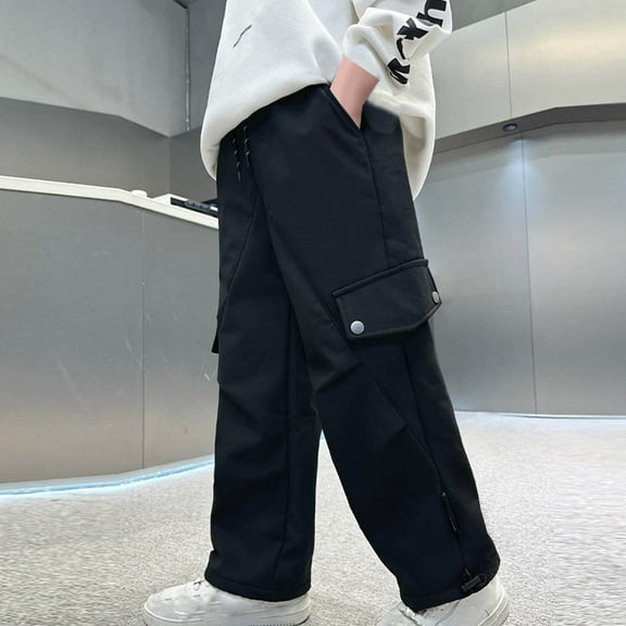 Eltusu Boys Cargo Pants, Loose Fit Elastic Waist Running Multi-Pockets Wide Leg Pants Black Size 18T