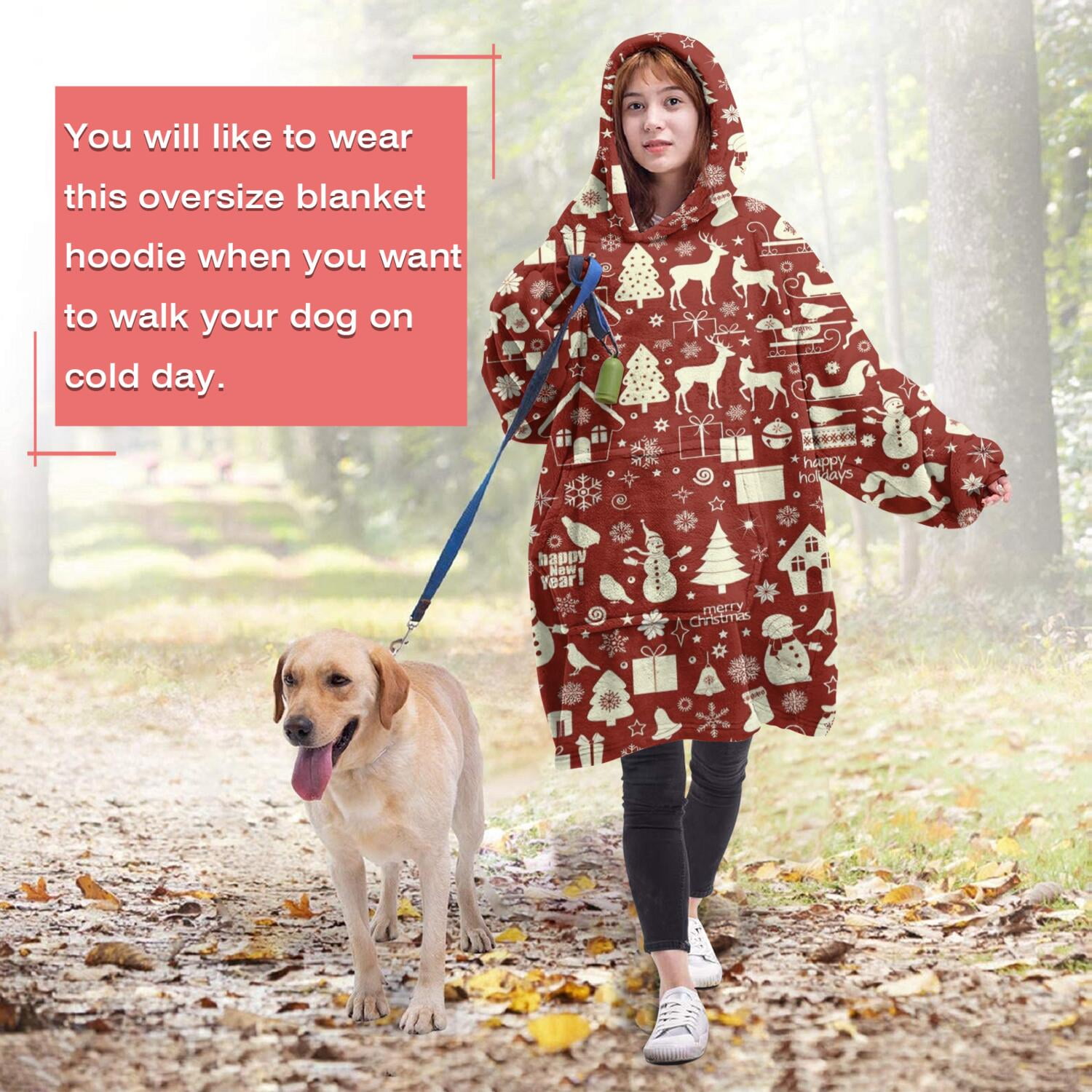 Wearable Oversized Blanket,Red Christmas Icon Pattern Wearable Blanket Hoodie for Adults,Cozy Hooded Blankets with Super Pockets,Super Warm Fuzzy Pullover for Women & Men