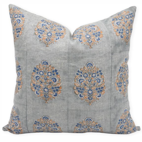 Fabdivine Block Print Throw Pillow Cover, 22x22 Inch Thick Linen Handmade Cushion Cover, Floral Print Boho Design Brown Pillow Cover for Sofa and Couch