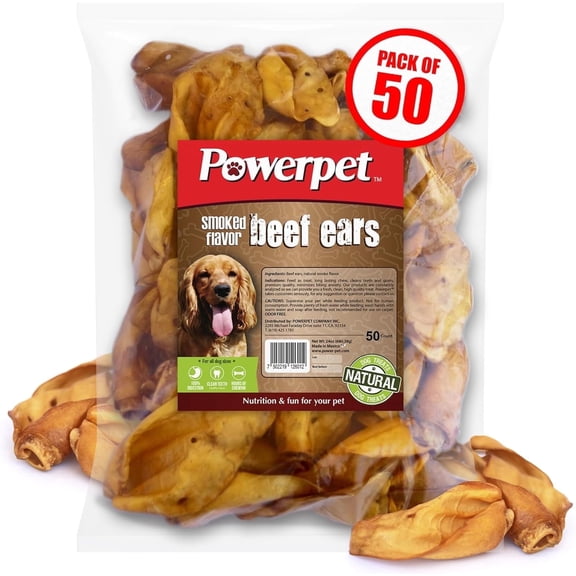 Powerpet Smoked Beef Ears,  Dental Treats for Dogs - Low Fat, High Protein, 50 Pieces Bag