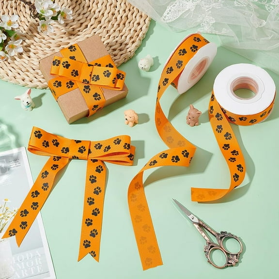 30 Yards x 1 Inch Paw Prints Ribbon Grosgrain Ribbon Orange Wrapping Craft Ribbons Dog Paw Stain Ribbon Rolls for Gift Wrapping Cheer Bows Ties Wreath Lanyards Crafting Party Ornaments