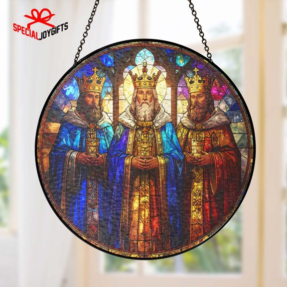 Three Kings Glass Suncatcher, Nativity Window Decor, Christian Wise Men Holiday, 7.9 in