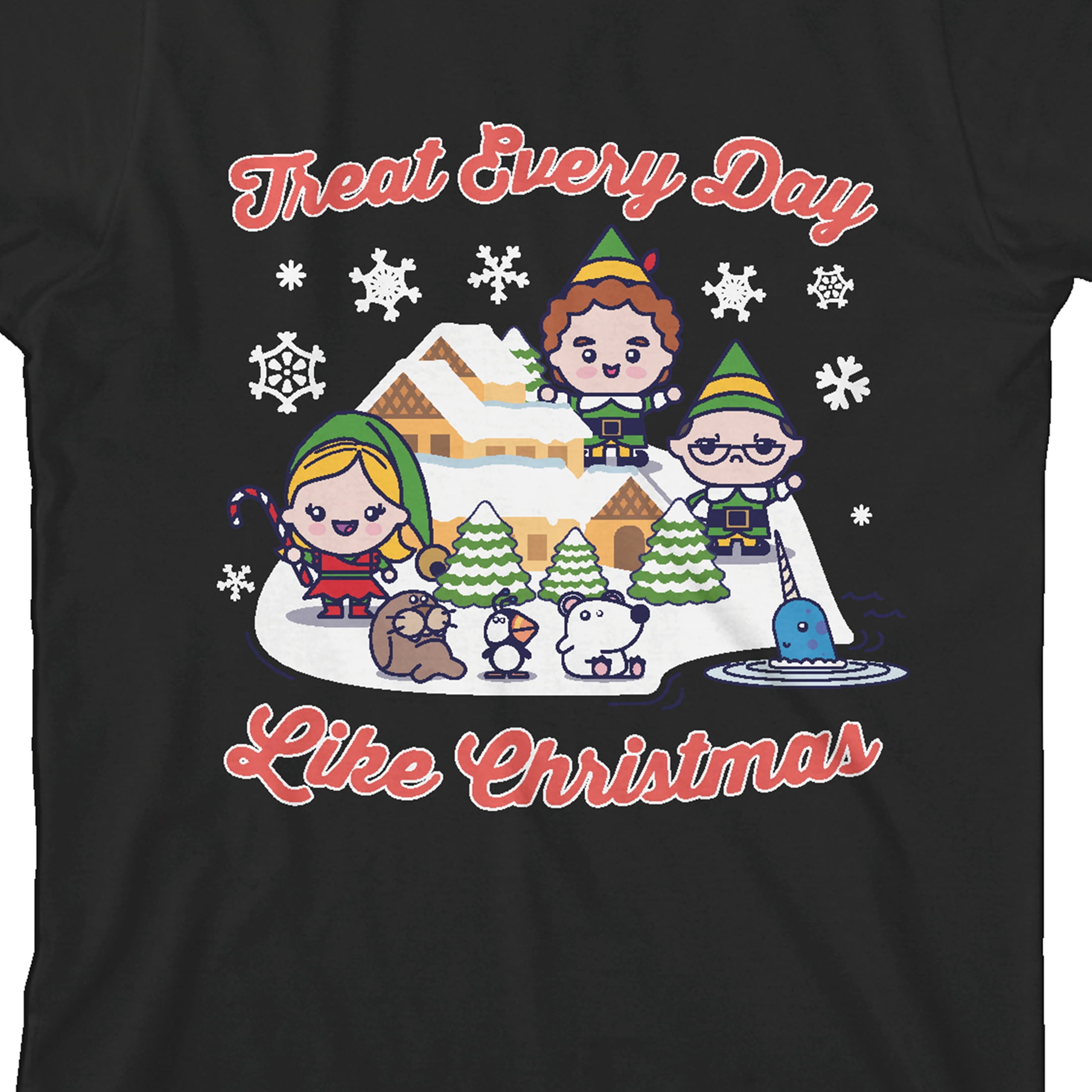 Elf Movie Treat Every Day Like Christmas Chibi Style Elves Youth Black Graphic Tee-Medium