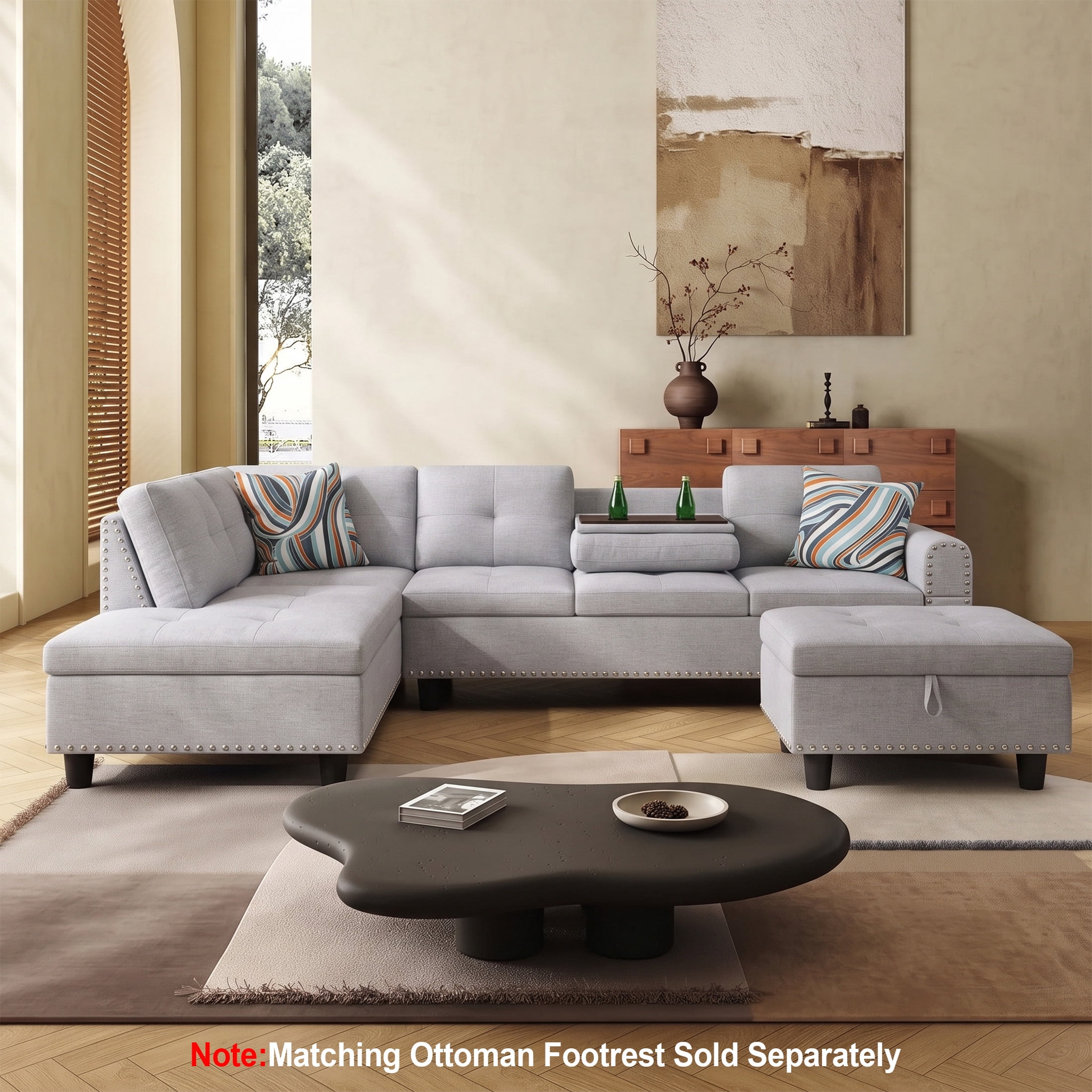 AENKYO 98" L-Shaped Sectional Sofa with Reversible Chaise and Cup Holders, Flannel, Light Gray
