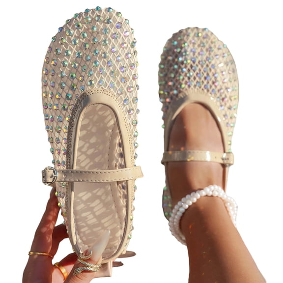Seffadzy Women Rhinestone Mesh Summer Mary Jane Ballet Flats, Breathable Crystal Embellished Slip-On Shoes with Adjustable Strap Beige 40