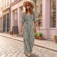 thumbnail image 6 of Women's One Piece Jumpsuits Casual V-Neck Short Sleeve Wide Leg Rompers Summer High Waist Beach Vacation Outfits with Pockets, 6 of 7