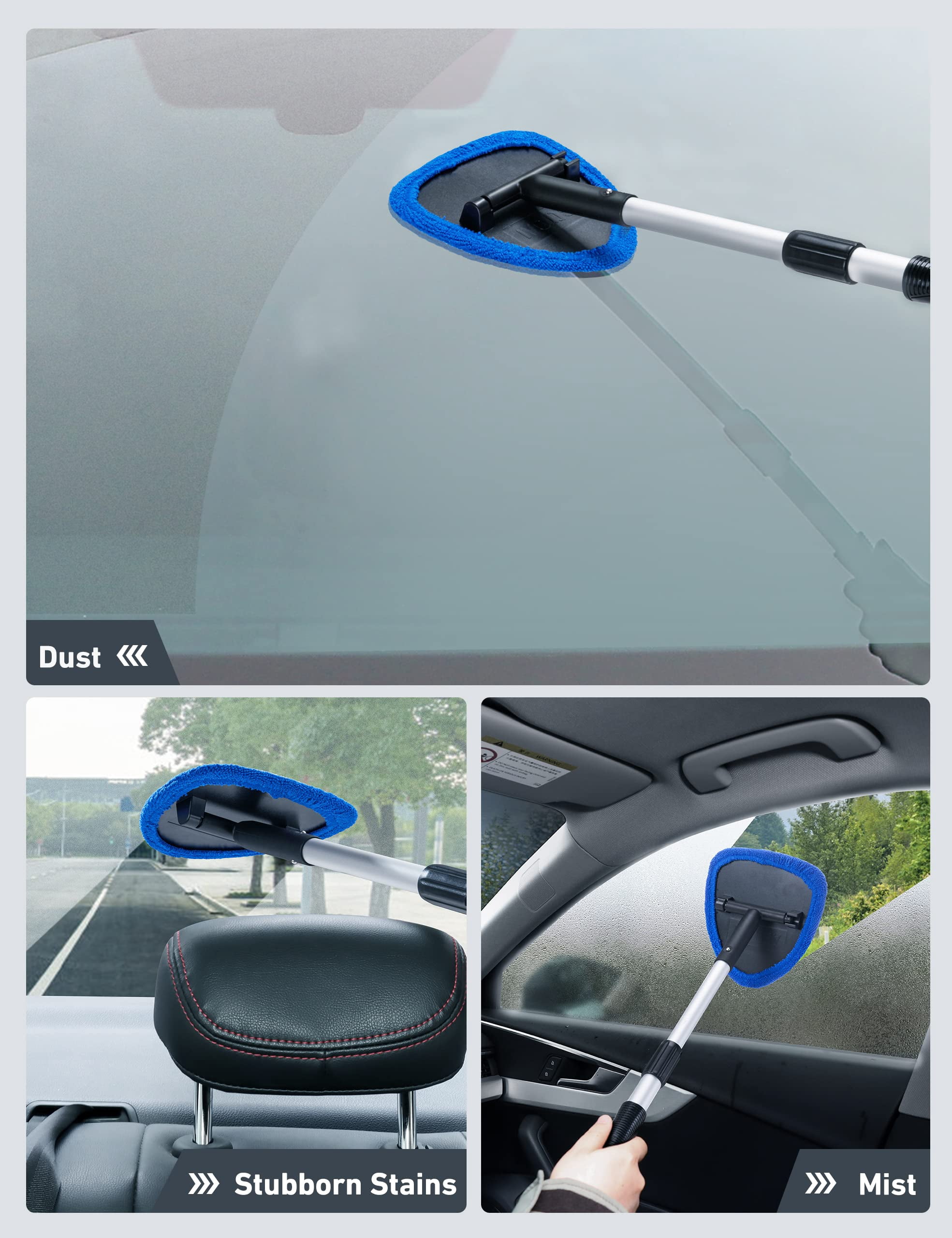 DIYMAG 2 Pack Auto Windshield Cleaning Tools, Extendable Handle Car Window Cleaner with Reusable Microfiber Pads and Water Spray Bottles Auto Inside Glass Wiper Kit (Blue)