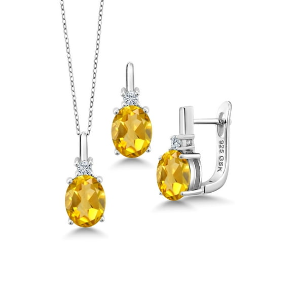Gem Stone King 925 Sterling Silver Oval Yellow Citrine Pendant and Earrings Jewelry Set for Women (4.55 Cttw, Gemstone Birthstone, with 18 inch Chain)
