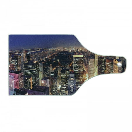 

NYC Cutting Board New York Big Apple Fascinating Panoramic Aerial Photo at Night City Theme Print Decorative Tempered Glass Cutting and Serving Board in 3 Sizes by Ambesonne