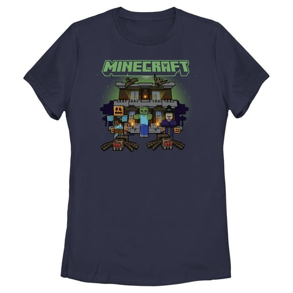 Women's Minecraft Halloween Creeper Haunted House Graphic Tee Navy Blue 2X Large