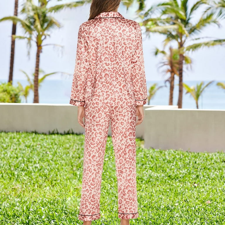 DAKIMOE Sleepwear Womens Silky Satin Pajamas Set Long Sleeve Nightwear  Loungewear, Pink Leopard Print, M