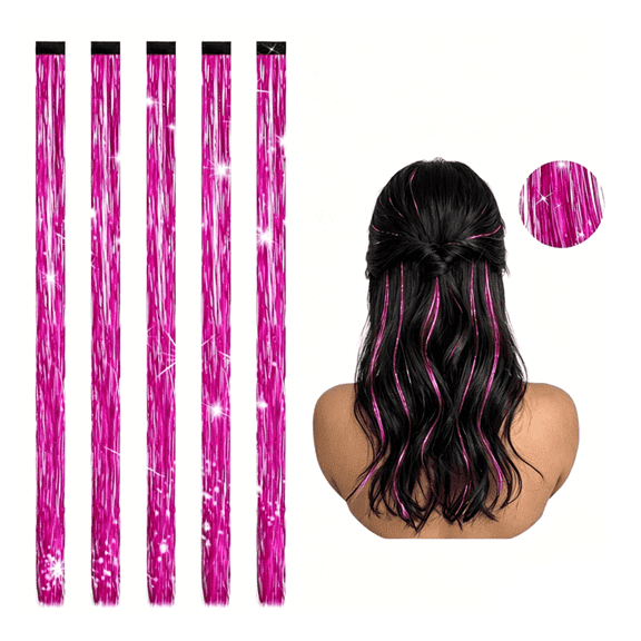 Clip On Glitter Hair Tinsel Extensions - 19.7 Inch Long, 250 Strands, Easy to Apply Fairy Hair Clips for Women, Girls, Birthday, Festival (Rose)