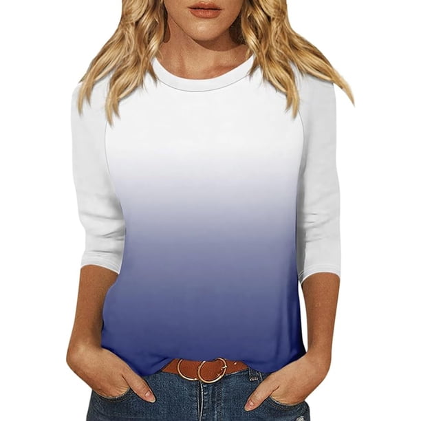 Fiudx Ofertas Flash Del Día Solo En Línea Top de Cuello Redondo de Manga Corta con Estampado Degradado de Color Sólido y Manga 3/4 para Mujer