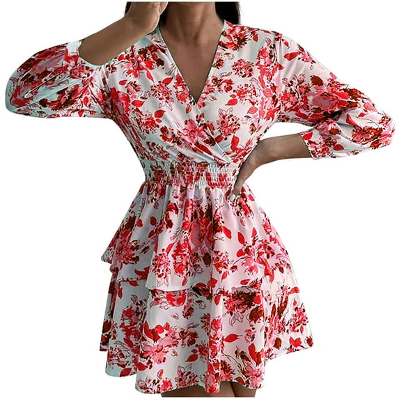 Women's Floral Boho Dress Long Sleeve Wrap V Neck Ruffle A-Line Flowy Mini Dresses Tiered Ruffles Elegant Evening Cake Dress