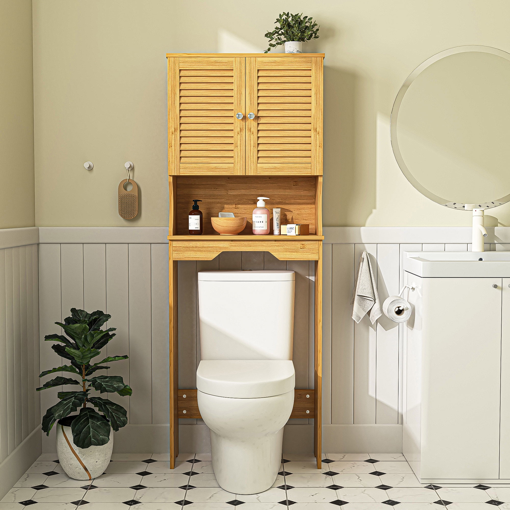 Hommoo Over The Toilet Storage Rack, Bamboo Bathroom Space Saver Laundry Room Corner