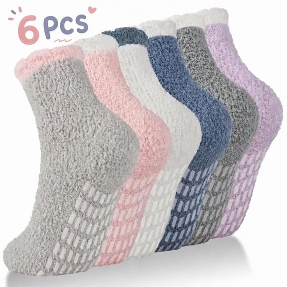 Loritta Fuzzy Socks for Women Slipper Socks Winter Warm Cozy Socks with Grippers Womens 6 Pairs Size 5-9