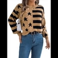 thumbnail image 1 of Suéter de Rayas con Hombros Caídos para Mujer, Suéter de Punto de Cuello Redondo Extragrande, Top Tipo Jersey. Caqui L, 1 of 10