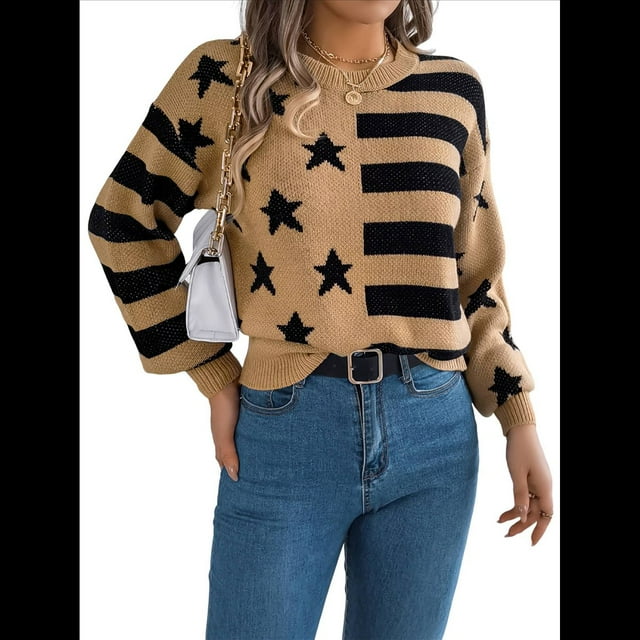 Suéter de Rayas con Hombros Caídos para Mujer, Suéter de Punto de Cuello Redondo Extragrande, Top Tipo Jersey. Caqui L