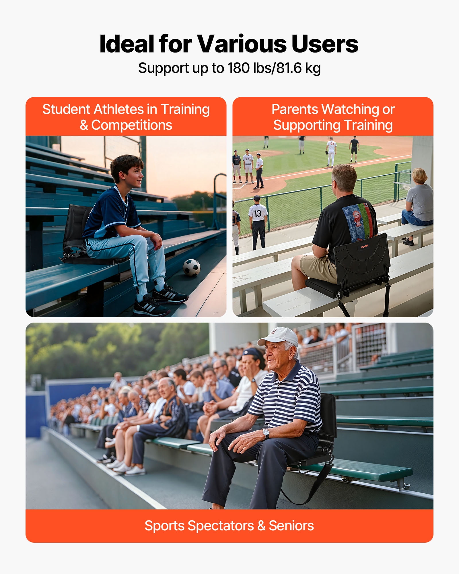 VEVOR Stadium Seat, Folding Bleacher Chair with Back Support and Thick Cushion, Padded Stadium Seat for Bleacher Includes Shoulder Strap, Hooks, Cup Holder, Lycra Material, Side Pocket, PP Material