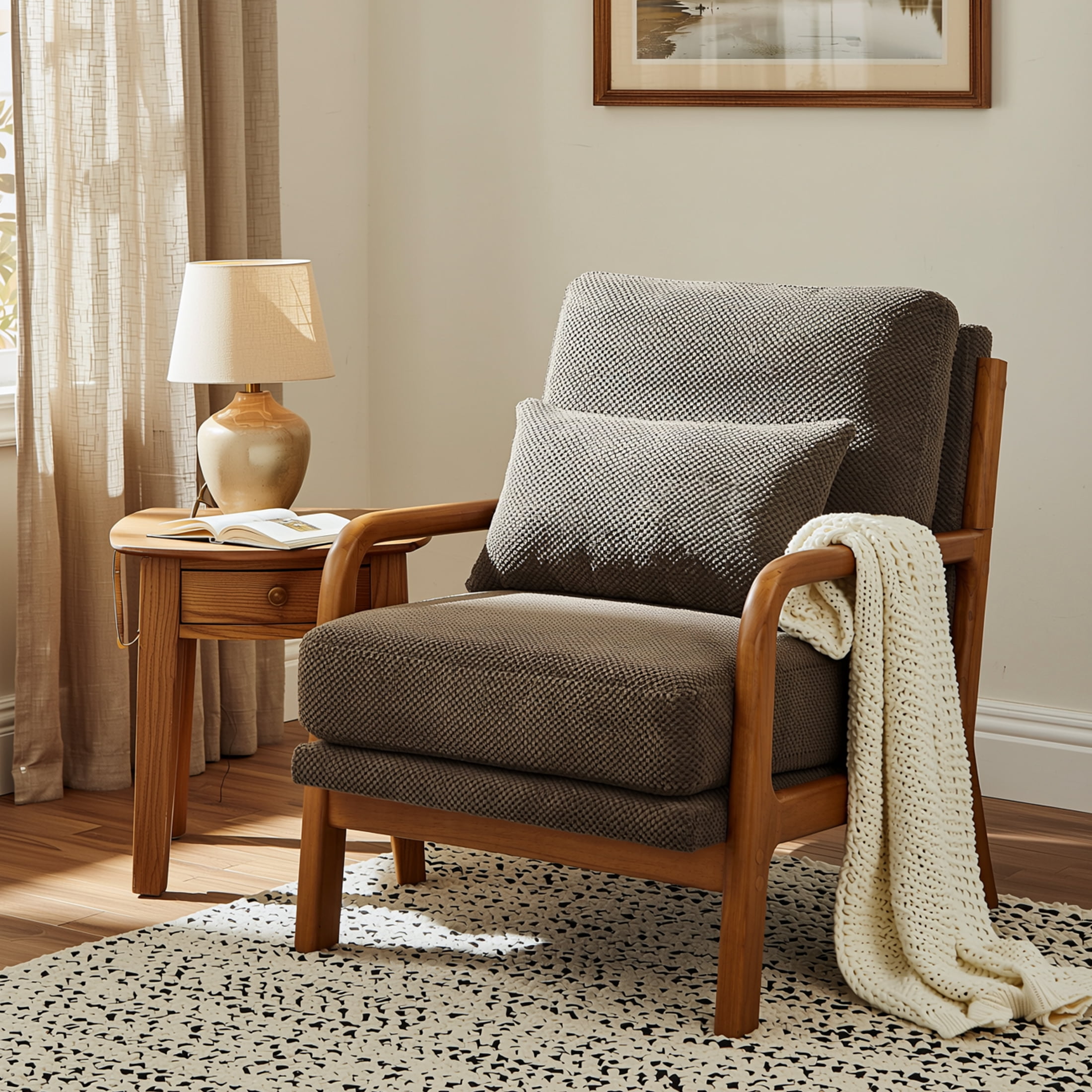Homy Casa Mid-Century Modern Accent Chair, Nubby Upholstered Armchair with Solid Wood Frame, Brown