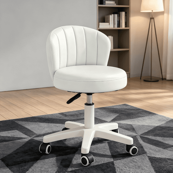 SJZNOI Cute Scallop-Back PU Leather Rolling Chair, Armless Height Adjustable Small Desk Seat, Multi-use Vanity & Office Computer Chair for Bedroom Set of 1(White)