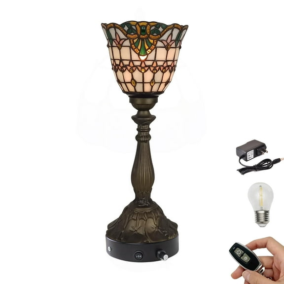 Kiven Cordless Table Lamp,1-Light Dimmable Bedside Lamps for Nightstand with Glass Lampshade, Cordless Tiffany Lamp for Reading Home Decor Bedside TD0927